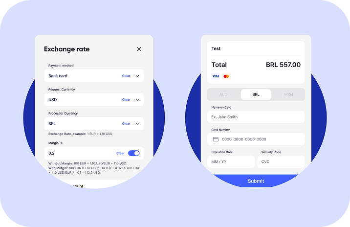 Exchange rate settings and card payment form